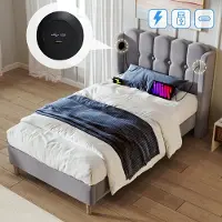 Youjia Polsterbett Einzelbett mit USB Typ C Ladefunktion, Bettgestell mit Lattenrost , Gepolstertes bett in Grau