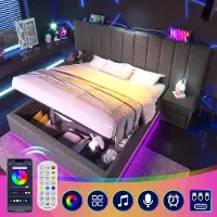 Youjia Polsterbett 180×200, Doppelbett Stauraumbett mit App Control LED und USB-C Ladefunktion, Bettgestell mit Lattenrost, Leinen, Grau