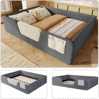 SUCCESS COURIER Polsterbett 140x190 cm Kinderbett mit Rausfallschutz Samt Jugendbett mit Kopfteil & Aufbewahrungstasche Stabil Geräuschlos Grau