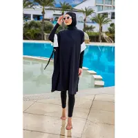 Turkishsouq Schwarzes Burkini-Set, vollständig bedeckende, bescheidene islamische Badebekleidung