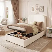 OKWISH Polsterbett 90x200 Einzelbett mit Stauraum unter dem Bett hydraulisches Funktionsbett Jugendbett mit gepolstertes Kopfteil und Lattenrost Beige (ohne Matratze)