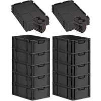Proregal SuperSparSet 10x Eurobox NextGen Color mit Scharnierdeckel & Verschlüssen, HxBxT 22x40x60cm, 44L, Schwarz, Griffe schwarz zu, Eurobehälter