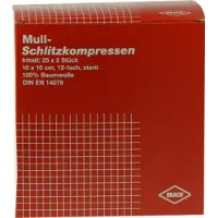 Dräco Schlitzkompressen Mull 10x10 cm steril 12fach 25x2 St Kompressen
