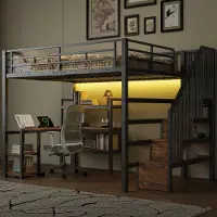 SUCCESS COURIER Metall-Hochbett 140x200 mit Treppe, integriertem Schreibtisch, Staufächern, USB-Ladestation und LED-Licht, multifunktionales Gaming-Jugendbett, Schwarz