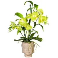 Creativ Green künstliche Pflanze Orchideen-Bambus Arrangement x2, ca 60cm, grün, Real Touch, im Zementtopf Buddha