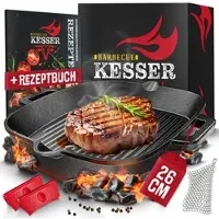 Kesser Gusseisenpfanne | Gusseisen Grillpfane Induktion für Grill & Backofen voreingebrannt | Inkl. Schutzgriffe, Rezeptbuch und Ringreiniger - 26 cm