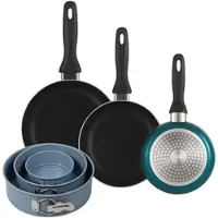 Bergner - Set aus 3 Pfannen Ø16/20/24cm aus gepresstem Aluminium in metallic-blau mit 3-teiliges Set runde Backformen Ø12/18/22 cm