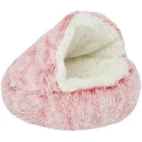 OEM Hundebett Rund Halbgeschlossen mit Kap Kleine Hunde und Katzen Haustierbett Waschbar Antislip Hundebetten Langer Plüsch Dicke Wärme Hundekorb Gradiert Rosa Ø60CM