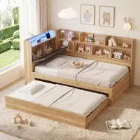 OKWISH Kinderbett 90x200 Schlafsofa mit Ausziehbett Einzelbett Holzbett mit USB Ladeanschlüsse und LED-Beleuchtung Funktionsbett Bettgestell mit Offener Stauraum Natur (ohne Matratze)
