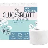 Glücksblatt Toilettenpapier KLASSISCH WEISS, 3-lagig, 48 Rollen x 150 Blatt, 100% Zellstoff, weiches Klopapier mit Glücks-Prägung