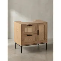 KADIMA DESIGN Waschbeckenunterschrank Eiche-Optik 60x60x40 cm mit Tür und Schubladen, Badezimmerschrank mit Rattangeflecht, Unterschrank Stehend, Badschrank Midischrank Klein Waschtisch