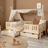Meble Wróbel Kinderbett Tipi 90x190 cm – Hausbett aus Kiefer mit 2 Schubladen - Bett mit Rausfallschutz & Lattenrost - für Jungen und Mädchen - Unlackiert Spielbett für Kinder