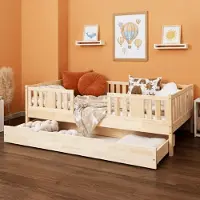 Meble Wróbel Kinderbett 90x190 cm - Jugendbett mit Schublade Lattenrost & Rausfallschutz - Einzelbett Kinder Bett aus Kiefer Unlackiert - Kleinkindbett für Jungen & Mädchen - Standhöhe 20 cm