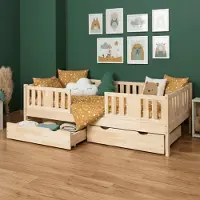 Meble Wróbel Kinderbett 90x200 cm - Jugendbett mit 2 Schubladen Lattenrost & Rausfallschutz - Einzelbett Kinder Bett aus Kiefer Unlackiert - Kleinkindbett für Jungen & Mädchen - Standhöhe 20 cm