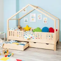 Meble Wróbel Kinderbett 90x180 cm – Bett mit 2 Schubladen Rausfallschutz & Lattenrost - Hausbett aus Kiefer Unlackiert - Kleinkindbett für Jungen & Mädchen - Standhöhe 20 cm