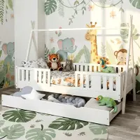 Meble Wróbel Kinderbett Tipi 90x200 cm - Hausbett aus Kiefer mit Schublade - Bett mit Rausfallschutz & Lattenrost - für Jungen und Mädchen - Weiß Spielbett für Kinder