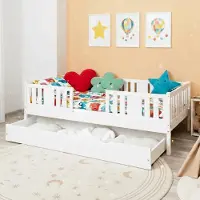 Meble Wróbel Kinderbett 80x160 cm - Jugendbett mit Schublade Lattenrost & Rausfallschutz - Einzelbett Kinder Bett aus Kiefer Massivholz Weiß - Kleinkindbett für Jungen & Mädchen - Standhöhe 20 cm