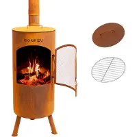 Bonfeu BonTino Rost - Terrassenofen - Feuerstelle mit Funkenschutz für entspannte Abende - Feuersäule Outdoor - Terrassenkamin mit Grillrost - Gartenofen aus hochwertigem Cortenstahl - 35x35x153cm
