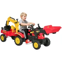 HOMCOM Trettraktor mit Anhänger Tretbagger Traktor mit Frontlader ab 3 Jahre Rot