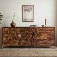 Wohnling Sideboard Sheesham Massivholz 180 cm Anrichte mit 2 Türen & 3 Schubladen Modernes mit geometrischem Muster Kommode Wohnzimmer Esszimmer