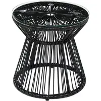 Outsunny Ratten Beistelltisch, Runder Kaffeetisch, Bistrotisch mit Glastischplatte, Gartentisch mit Hohltrommel-Design, für Terrasse, Balkon, Schwarz