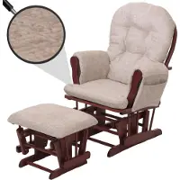 Mendler Relaxsessel HWC-C76, Schaukelstuhl Schwingstuhl mit Hocker Stoff Chenille (465g/m²) creme, Gestell dunkel