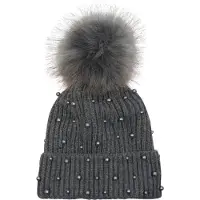 StyleBREAKER Bommelmütze "Strick Bommelmütze mit Perlen und Fleece Futter" 1 Stk.