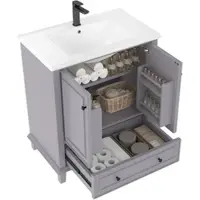 STILVORA Bodenstehender Badezimmerschrank 76x46x87 mit Keramikwaschbecken, Massivholzbeine, geräuschlose Schublade, Stauraum, MDF, Grau