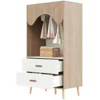 OKWISH Offener Kleiderschrank 80x46x141 cm weiß Holz mit Kleiderstange, 2 Schubladen, 5 Füße, zimmer Schlafzimmer Stauraum