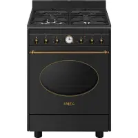 Smeg Coloniale CO60GMAN2, freistehender Herd, Schwarz, Drehknöpfe, Goldfarbe, analoge Anzeige, Gasherd