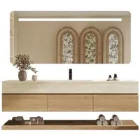 Muxing Wandhängendes Badmöbel-Set Travertin-Look mit Sinterstein Waschbecken Spiegel Unterschrank Ablage mit Armaturloch 120×55 cmYT9865-120 K