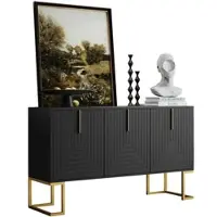 MODFU Sideboard 80x138x40 cm Schwarz mit 3 Türen U Struktur, verstellbaren Einlegeb√∂den, goldfarbenen Metallgriffen und stabilem Metallgestell