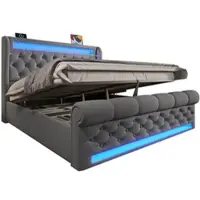 OKWISH LED-Designbett "Cloud" 160x200 cm in Schwarz – Künstlerische Form mit Couchtisch, Stauraum & USB-Ladestatio