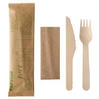 Papstar 1500x Bestecksets aus Holz "pure", Messer, Gabel, Serviette in Papierbeutel Holzbesteck