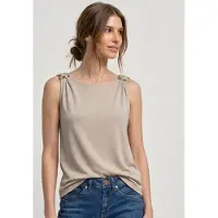 Street One Shirttop , Damen, Gr. 44, beige (clay sand), Jersey, Obermaterial: 95% Viskose, 5% Elasthan, unifarben, regular fit normal, U-Boot-Ausschnitt, Tops Shirttop, mit Schnallen Detail