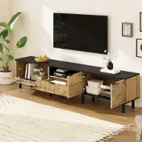 MODFU Mosaik-TV-Lowboard Fernsehbank mit 2 Schubladen und 1 offenen Fächern TV-Schrank mit Metallfüße und Doppeltür Holzoptik für das Wohnzimmer geeignet Natur
