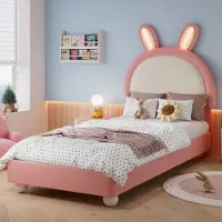 MODFU Kinderbett Einzelbett 90x200 mit LED Beleuchtung Polsterbett mit Kopfteil in Hasenform Bettgestell Weiche Antikollisions-Schwammkante ohne Matratze Rosa
