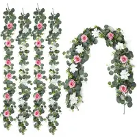Unyqoos Set mit 4 Kunstblumen-Girlanden (je 1,8 m) – rosa Rosen und weiße Dahlien, Seidenblüten mit flexiblem Kunststoffstiel, Dekoration