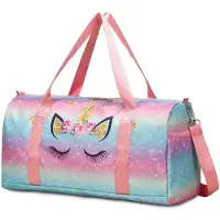 Unyqoos Kinderreisetasche mit Nassfach – leichte, wasserabweisende Sporttasche aus Nylon, 280 g, verstellbarer & abnehmbarer Schulterriemen, Seitentaschen, Motive: Dino, Regenbogen, Sterne