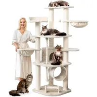 Markenlos Stabiler Kratzbaum 'Parker' 171 cm - 11 cm Stämme, Haus & Spieltunnel, Große Liegemulden, Kratzrolle, Kletterbaum für Katzen, Creme