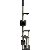 Markenlos Kratzbaum Pascha I Deckenhoch I 240-260 cm I Grauer Cordstoff I 3 Ebenen zur Höhle I Hängematte I Sisalstämme 9 cm Durchmesser