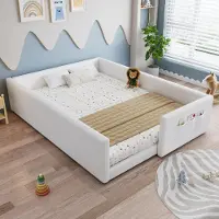 OKWISH Polsterbett 140x200 mit Matratze Minimalistisch Kinderbett mit drei praktischen Aufbewahrungstaschen Doppelbett Umrandetes Design Bettgestell Weiß