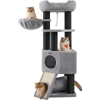 OEM Hoch Katzenturm mit Plüsch Aussichtsplattform, Bank und Kuschelhöhle - Katzenturm mit Extra dicken Stämmen umwickelt mit Schwarz Sisal - Stabil und Grau (PCT02W)
