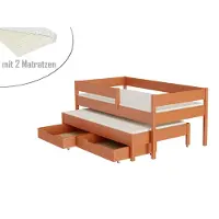 Lukdom Ausziehbett 180x80 Kinderbett mit Rausfallschutz & Lattenrost teak 80 x 180 für Mädchen und Jungen Massivholz Kiefer und MDF Möbelplatte, mit Matratzen und Schubladen
