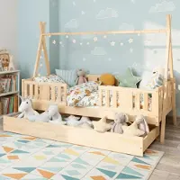 Meble Wróbel Kinderbett Tipi 90x190 cm – Hausbett aus Kiefer mit Schublade - Bett mit Rausfallschutz & Lattenrost - für Jungen und Mädchen - Unlackiert Spielbett für Kinder