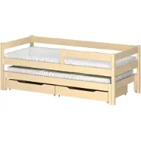Lukdom Ausziehbett 200x90 Kinderbett mit Rausfallschutz & Lattenrost naturbelassen 90 x 200 für Mädchen und Jungen Massivholz Kiefer und MDF Möbelplatte, mit Schubladen