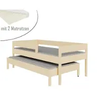 Lukdom Ausziehbett 180x90 Kinderbett mit Rausfallschutz & Lattenrost naturbelassen 90 x 180 für Mädchen und Jungen Massivholz Kiefer und MDF Möbelplatte, mit Matratzen