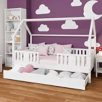 Meble Wróbel Hausbett 80x190 cm mit Schublade Rausfallschutz und Lattenrost - Einzelbett Jugendbett- Kinderbett aus Kiefer Massivholz Weiß - Kleinkindbett für Jungen & Mädchen - Standhöhe 20 cm