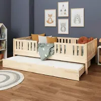 Meble Wróbel Kinderbett 80x160 cm - Jugendbett mit Auszugbett Lattenrost & Rausfallschutz - Einzelbett Kinder Bett aus Kiefer Unlackiert - Kleinkindbett für Jungen & Mädchen - Standhöhe 20 cm