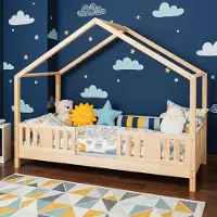 Meble Wróbel Kinderbett 90x180 cm – Bett mit Rausfallschutz & Lattenrost - Hausbett aus Kiefer Unlackiert - Kleinkindbett für Jungen & Mädchen - Standhöhe 10 cm